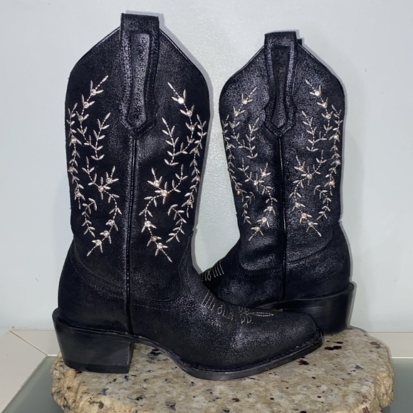 J.B. Dillon Black Leather Embroidered Rhinestone Snip Toe Western Boots 5.5 B - Picture 11 of 15